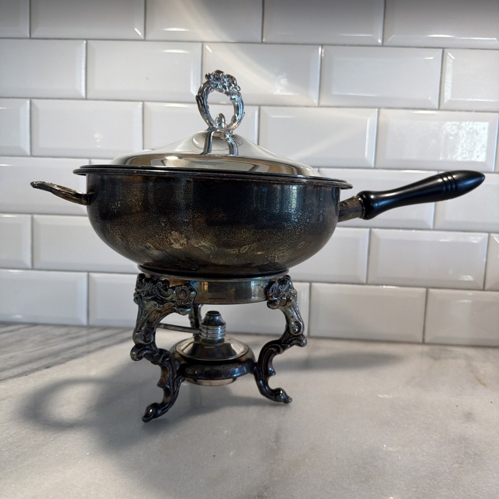 Vtg. Silverplate Covered Chaffing Dish w/ Stand,‎ Burner OLA007